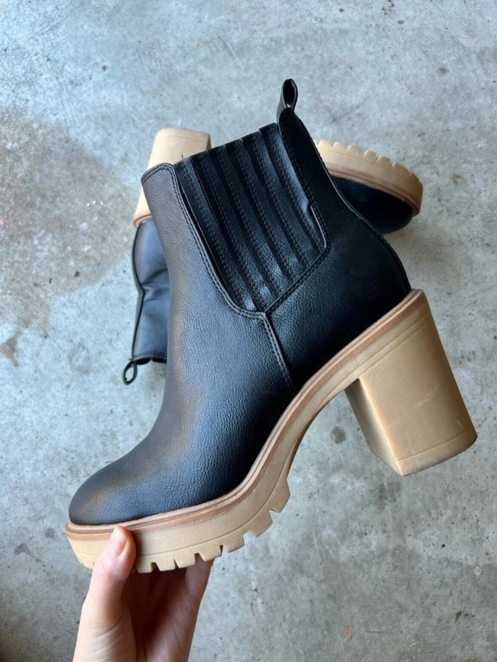 Dolce Vita Black Leather Chelsea Lug-Heel Ankle Boots with Tan Platform